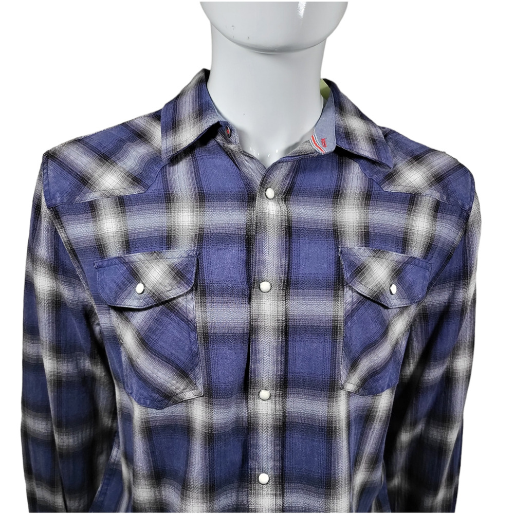 NWT FLAG & ANTHEM Indigo Dyed Pearl Snap Western Plaid Button Up 4XLT - Picture 6 of 12